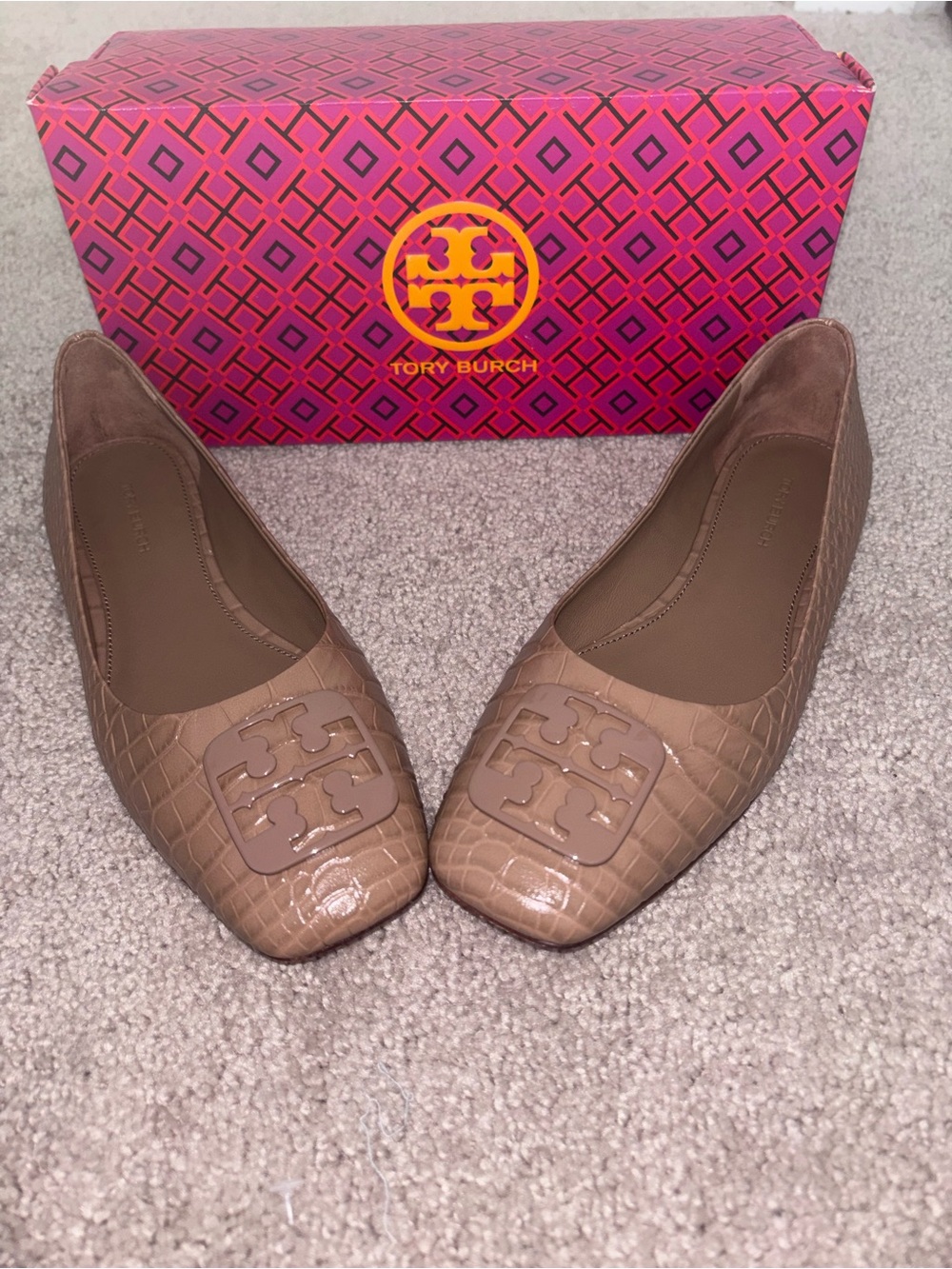 Tory Burch Georgia Ballet Almond Flour Croc-Embossed Patent Logo Ballet Flats
